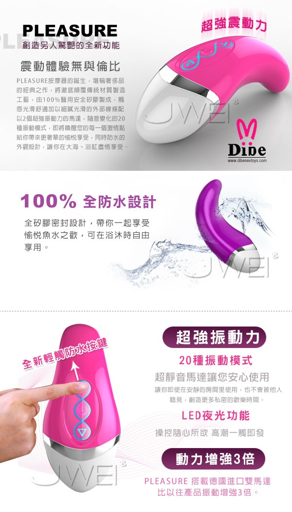 Dibe 20振動模式PLEASURE按摩棒充電款_紫色(LED夜光+防水+靜音設計)